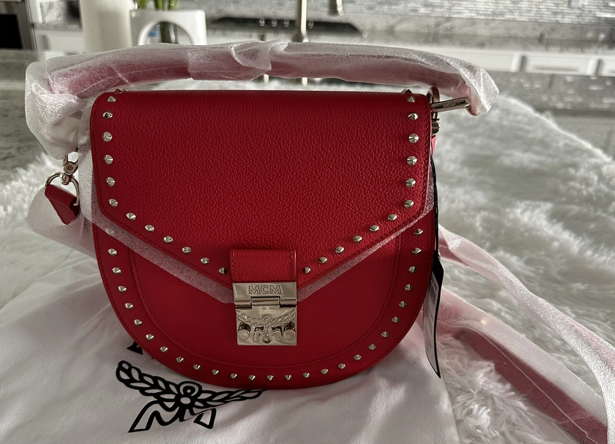 Authentic MCM Leather Patricia Studded Red Small Crossbody Bag Handbag NEW