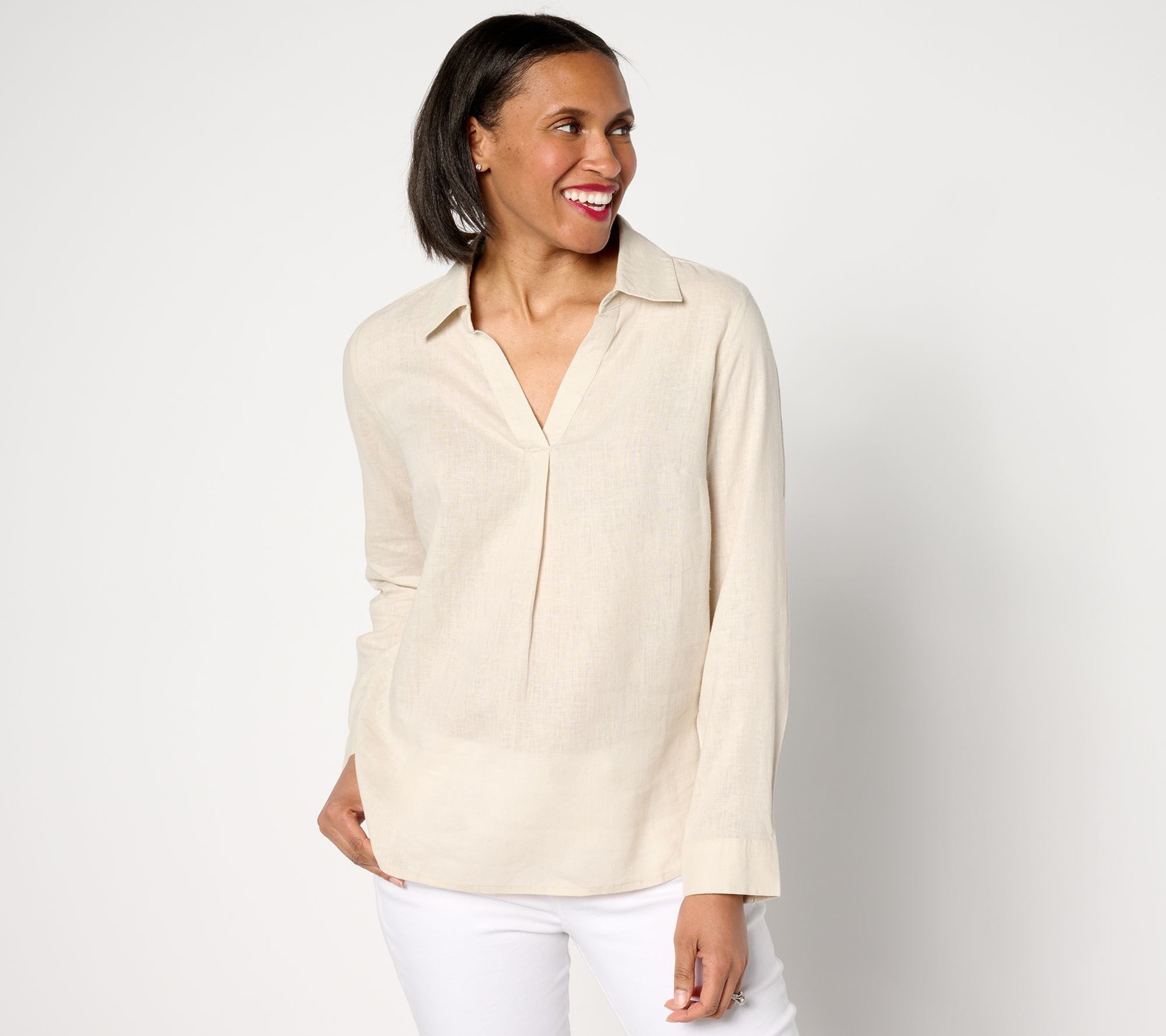 Denim & Co. Women's Top Sz S Naturals Linen Blend Collared Split-V Brown A643822