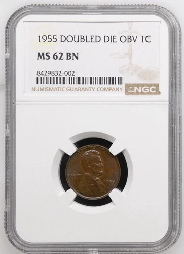 1955 1C Lincoln Wheat Cent - Double Die Obverse - NGC Graded MS62 BN