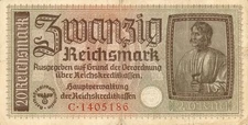 Currency Germany 1940 WW2 Fascism War Era 20 Reichsmark Zwanzig Circulated WORN!