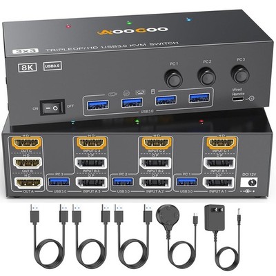 8K HDMI DP KVM Switch 3 Monitors 3 Computers, 8K@60Hz/4K@144Hz KVM Switch for 3