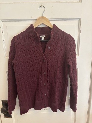 L.L. Bean Women’s Burgundy Cotton Cable Knit Cardigan Sweater Button Front SP