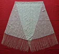 SCARF VINTAGE AUTHENTIC SOLID FLOWERSS EMBROIDERY WHITE SILK LONG WOMENS FRINGE