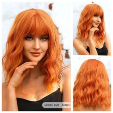 Short Copper Ginger Synthetic Wavy Bob Wig Orange Halloween Bangs Heat Resistant