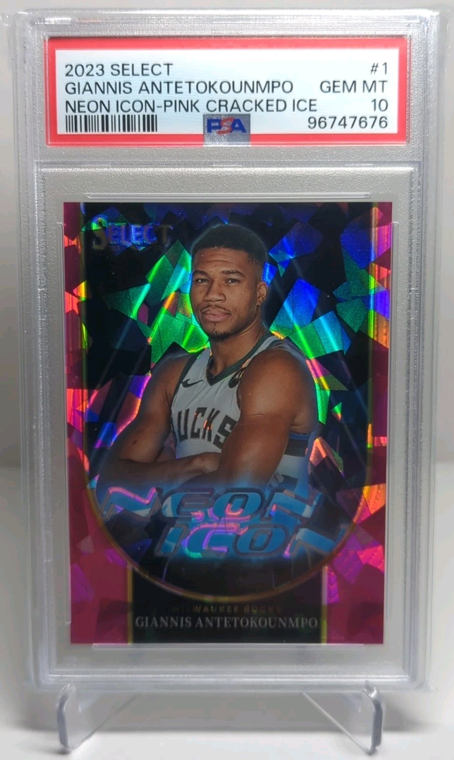 2023-24 Select Giannis Antetokounmpo PSA 10 Neon Icon Pink Cracked Ice #'d /99