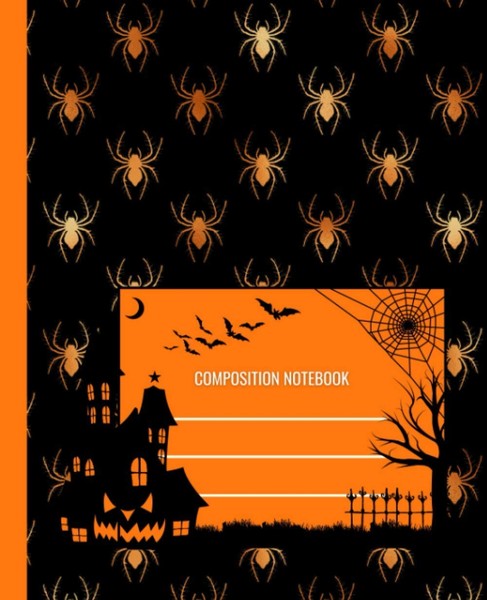 Halloween Notizbuch A5, Orange Spinnen Auf Schwarz, Liniert, 120 Seiten-image