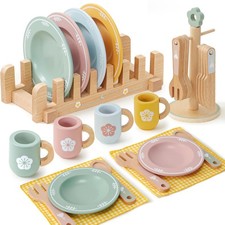 Wooden Play Kitchen Accessories Montessori Toys for Toddlers 3-5, Play Dishes...