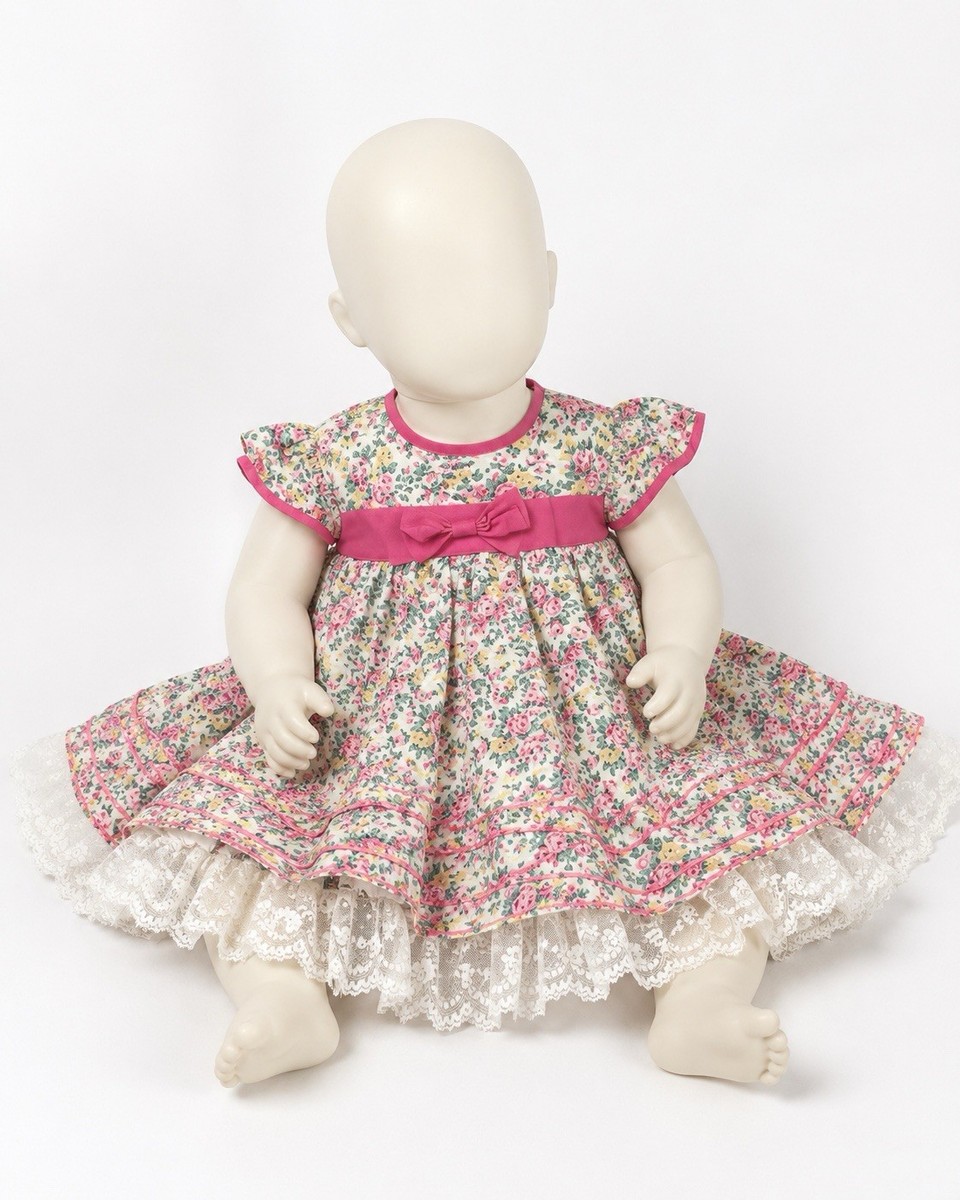 Vintage Jo Lene 80s 90s Cottage Lace Frilly Toddler Girls Rose Floral Dress 18M