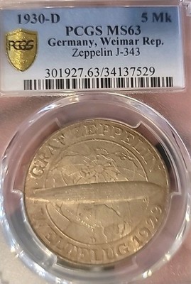 Germany 1930D 5 Marks Zeppelin Better Date Orig. Luster Sharp