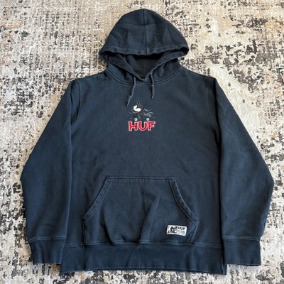 HUF Mens Hoodie Felix the Cat Skateboard Black Embroidered Pullover Medium