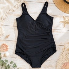 Vintage LL Bean Black One Piece Swimsuit Ruched V-Neck Size 16 Classic USA Made