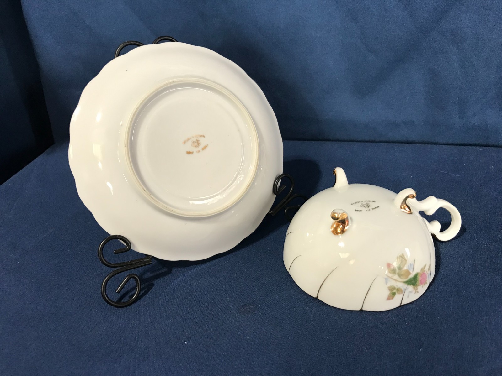 Tri Footed Teacup & Saucer Pink Rose & Gold Trim Vtg Ucagco Japan