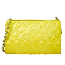 CHANEL Icon Symbol Charm Patent Leather Chain Shoulder Bag Yellow Silver