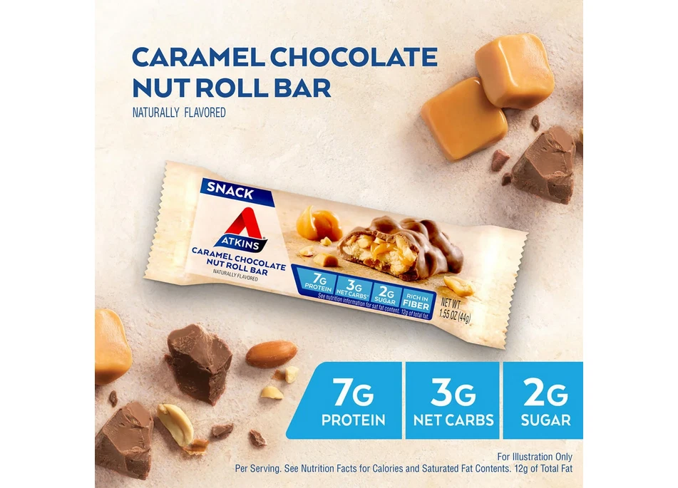 Barras de bocadillos Atkins caramelo chocolate nuez rollo 18 unidades ceto bajas en carbohidratos Foto 2 de 4