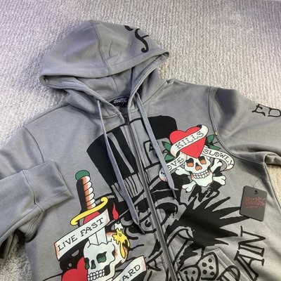 Ed Hardy Mens Love Kills Slowly Tattoo Graphic Full Zip Hoodie Grey Size M NWT