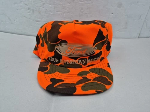 NOS Vintage 90s Ford Orange Camo Trucker Hat Snapback Cap USA Made Work Wear