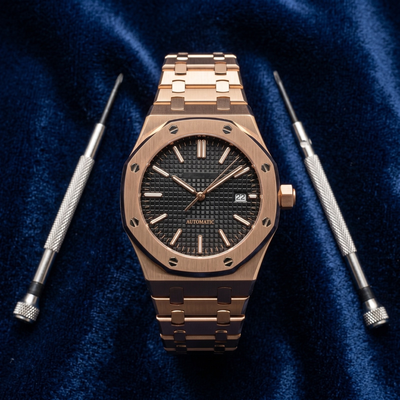 Reloj Mod Automático Octogonal Oro Rosa NH35A Negro Tapiz Dial Ocho Tornillos