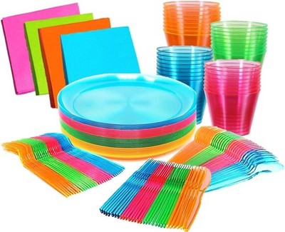Kedudes Neon Glow Party Supplies, Serves 32 - Hard Plastic Disposable Party Neon