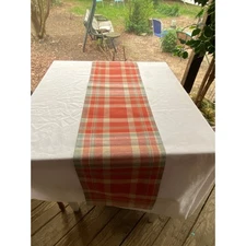 Table Runner  Pumpkin / Paprika Orange w Plaid includes sage green & white EUC