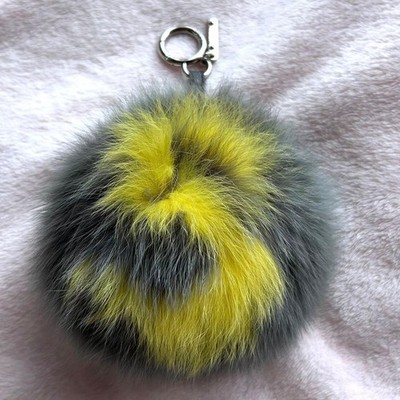 FENDI Fur Bag Charm Keychain Pom Pom Initial S Gray Yellow From