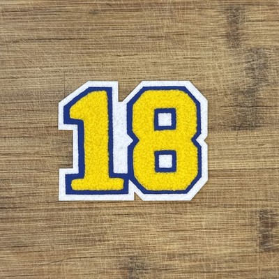 Chenille 18 Varsity Number Patch 3.25x2.5in Gold & Blue Sew-On Embroidered