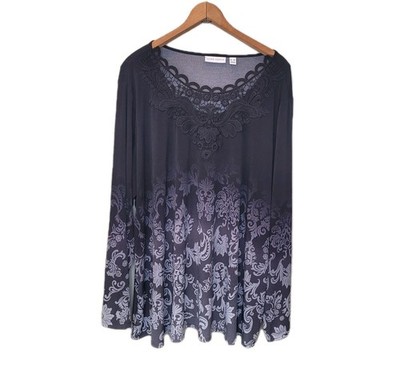 Susan Graver Black Lace V Neck Printed Long Sleeve Tunic Top Size 3x Liquid Knit