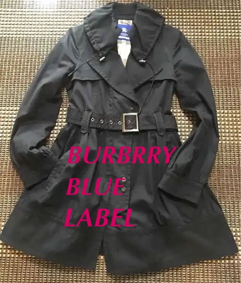 Burberry Blue Label Trench Coat Black Cotton Liner Nova Check Size 38 For Women