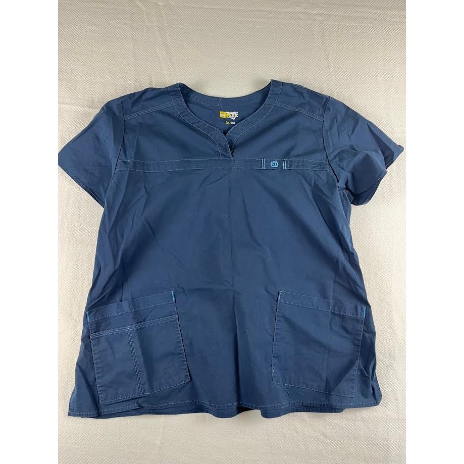 WonderWink WonderFlex Women's Navy Blue Scrub Top Size 2X V-Neck Short Sleeve