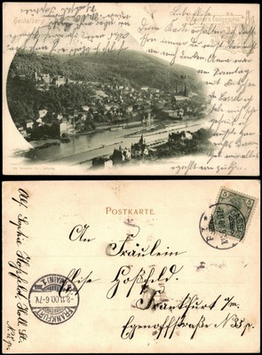 Ansichtskarte Heidelberg Panorama-Ansicht 1900   gel FFM Main (Ankunftsstempel)