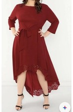 shein dress burgundy size small high low laser cut 3/4 sleeve maxi Scalloped Hem