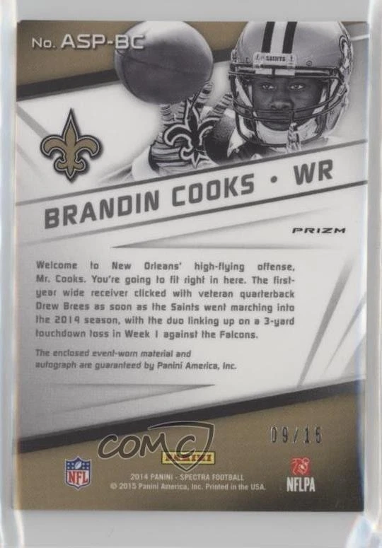 2014 Panini Spectra Blue Prizm /15 Brandin Cooks #ASP-BC Rookie Auto RC - Image 2 of 2