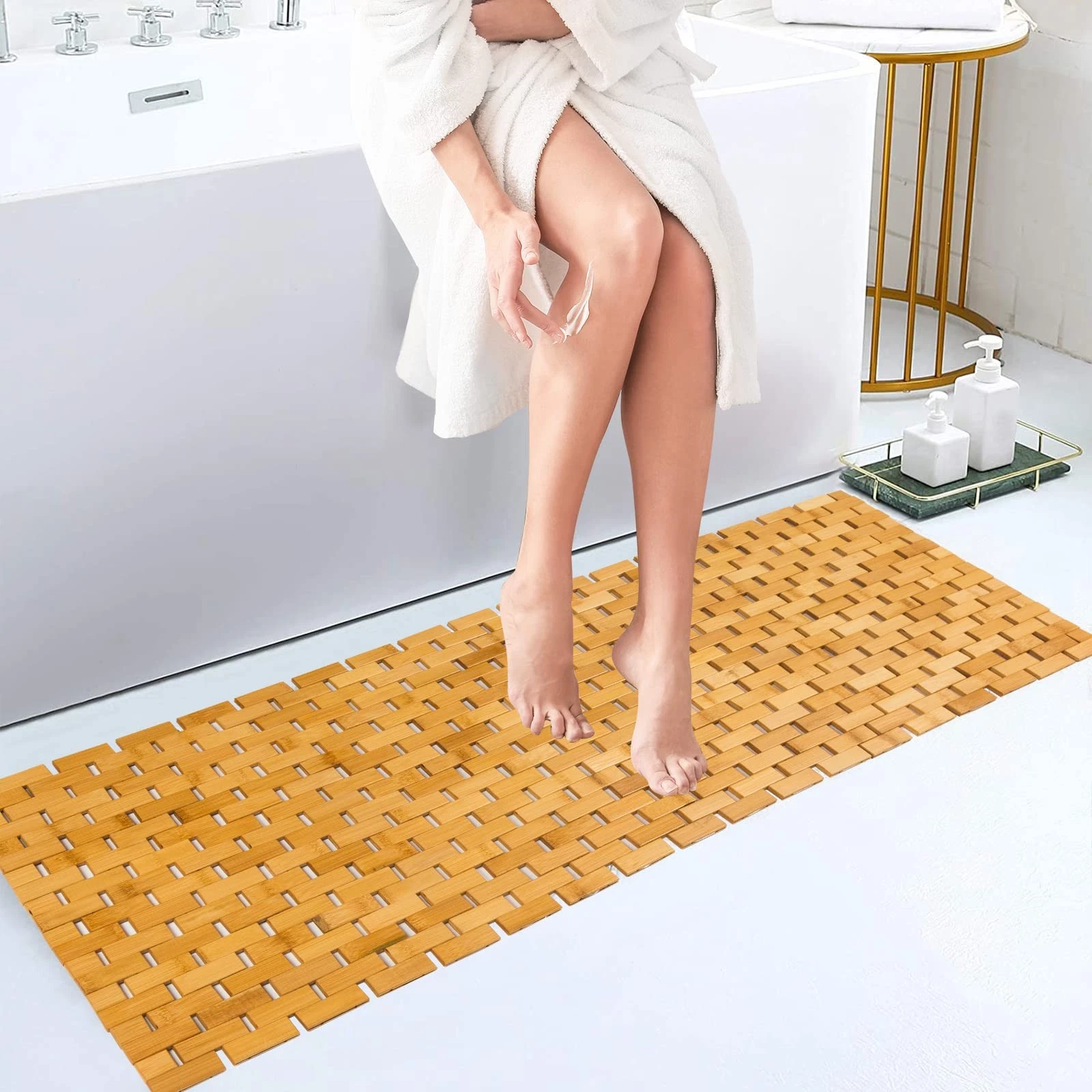 Fovlaurs Bambo Bath Mat Bathroom Runner Long Large 16x 48 Inch-1 pc, Natural