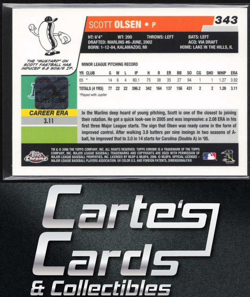 Scott Olsen 2006 Topps Chrome #343 Florida Marlins RC Rookie Autograph - Image 2 of 2