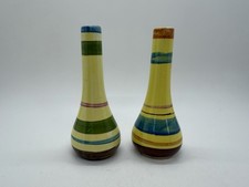 Vintage 2 Secla Hand Painted Vases Yellow w/Blue & Red Bands 4.25" Portugal