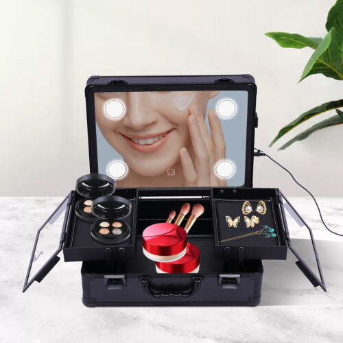 Professional Travel Makeup Train Case Portable Cosmetic Organizer Bag+LED Light