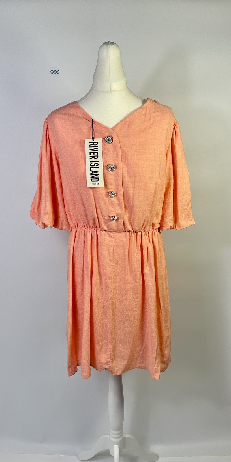 River Island Puff Sleeve Mini Dress Embellished Button Coral Orange UK Size 14