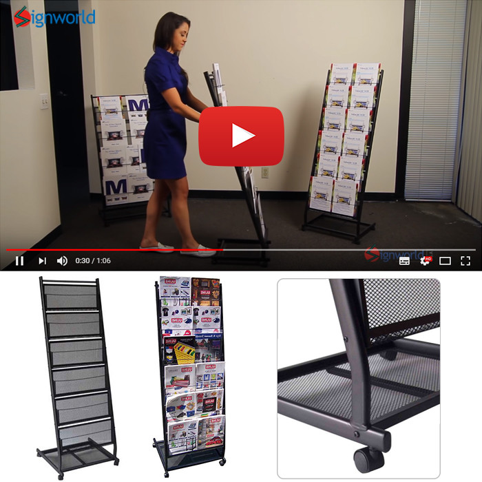 6 Pocket Mesh Magazine Rack Mobile Stand Steel Shelf Book Home Office w/Wheels