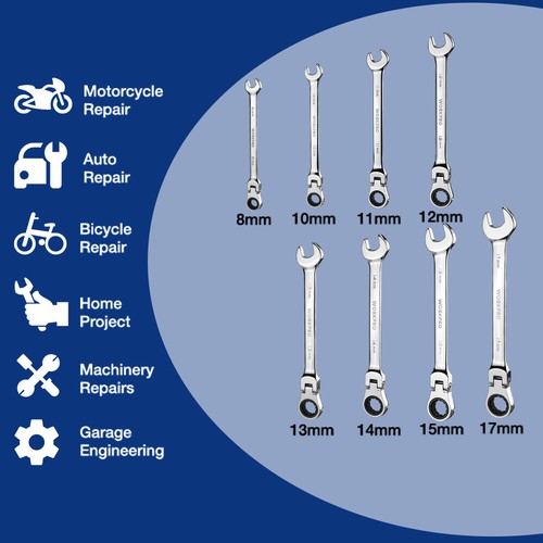 WORKPRO 8pcs Flex-Head Ratcheting Combination Wrench Set Metric 8-17mm withPouch - Picture 7 of 11