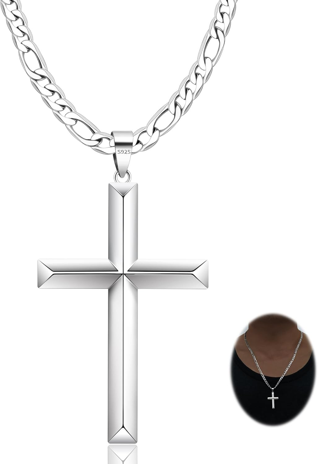 Collar de cruz de plata de ley para hombre y mujer con 4,5 mm