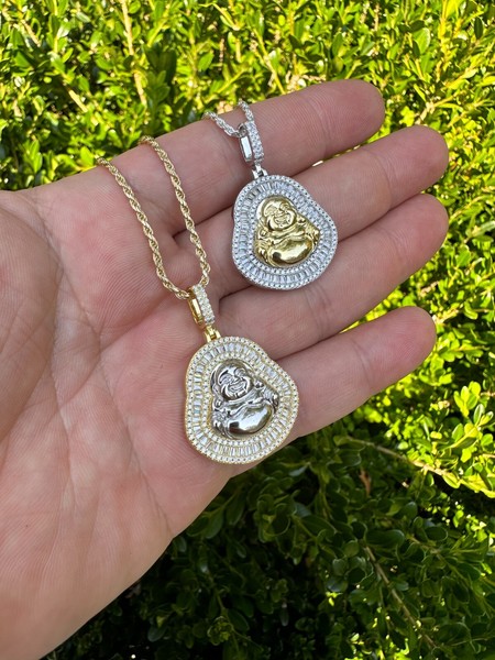 Alternate view of Buddha Pendant Real Moissanite Solid 925 Silver 14k Gold Plated Iced Necklace