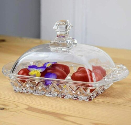 Glass Transparent Butter Dish with Lid and Handle Caro Cut Pattern Base - H10cm - Afbeelding 1 van 3
