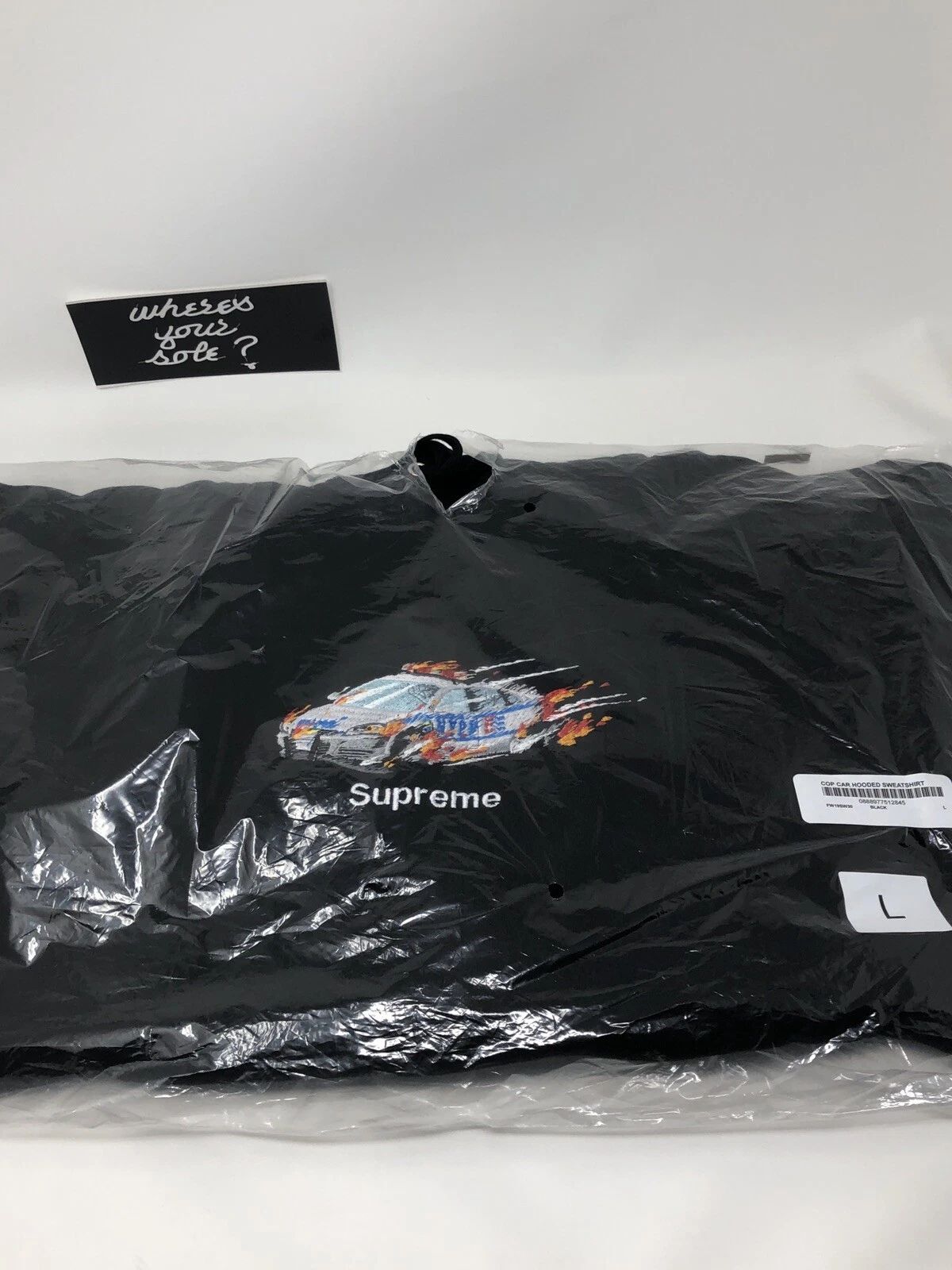 Sweat à capuche Supreme Cop logo voiture noir grand L neuf en main DS FW19
