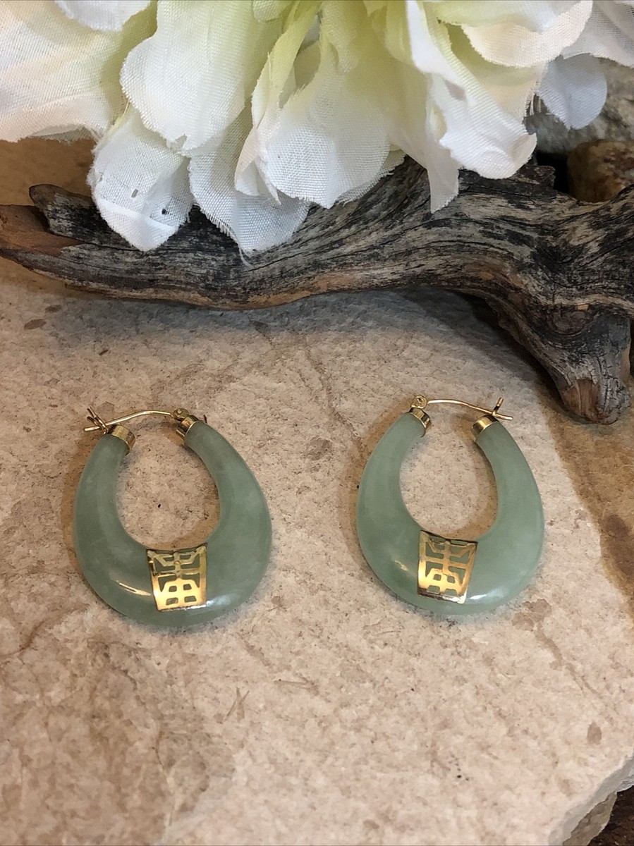 Vintage 585 14K Yellow Gold Green Jade Oval Hoop Snap Earrings 35mm