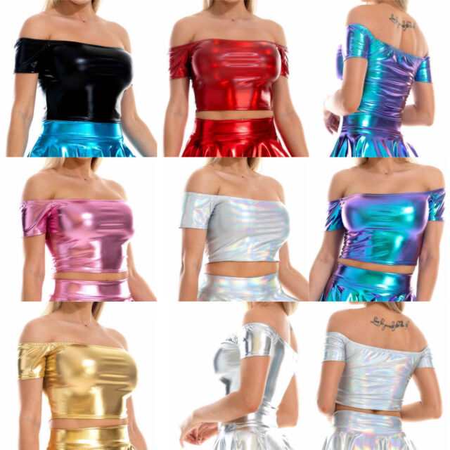 New Women PVC Leather Crop Tops Sexy Off Shoulder T-shirts Stage Dance Clubwear