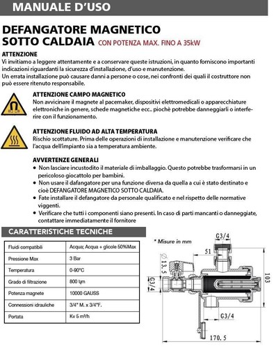 Defangatore Magnetico Sotto Caldaia SalvaCaldaia Compatto Valvola Raccordo - Foto 3 di 6