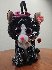 Ty Fashion Beanie Boo tag Kiki Reversible Sequin Cat Backpack Black Silver 13in