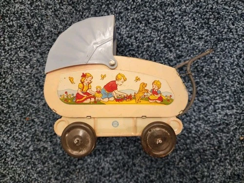 Vintage 1950s OHIO ART Lithograph Tin 7" BABY Doll Buggy CARRIAGE Toy miniature