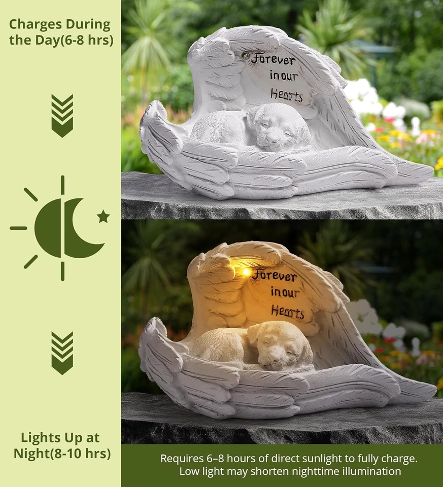 Estátua memorial solar de jardim para cachorro de estimação – filhote de anjo de resina ao ar livre com luz solar - Imagem 3 de 4