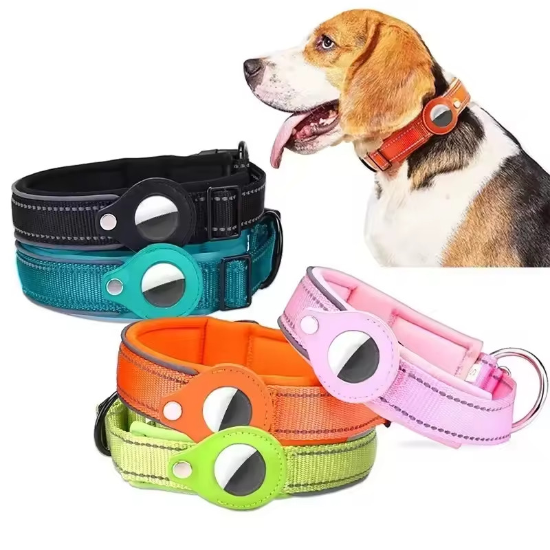 Collier réfléchissant grand chien en nylon robuste et coque AirTag étanche taille L