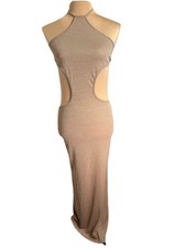 Women Halter  Maxi Dress size small Heather Beige, Cutout Waist